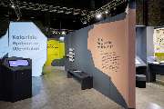 Bande für Gestaltung - Teil der Ausstellung „Koloniale Spuren in Westfalen“ im LWL-Museum Zeche Zollern, mit klarer, farbiger Wandgestaltung und informativen Texttafeln zu postkolonialen Themen.