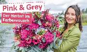Blumen Risse Blumenladen Bergisch-Gladbach - Frau haelt großen pink und graufarbigen Herbststrauss