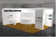 Dein Messestand - Exklusiver Messestand in weiß gehalten mit Dielenboden. Runde Empfangstheke, Stehtischmöbel und eine Vitrine für die Ausstellung der Exponate. Copyright: Dein Messestand