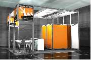 Dein Messestand - Modularer Messestand mit System. Lager- und Küchenkabine, Empfangstehke und Grafiksegel für Fernwirkung mit Logo. Beleuchtung und Deckenelemente. Copyright: Dein Messestand