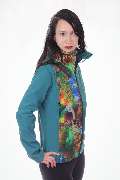 Petrolfarbene Outdoorjacke mit Pfauenfeder-Muster
