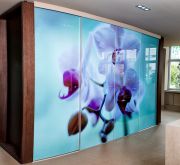 Glasschiebetür mit Blumendruck, Showroom Okifree Raumsysteme