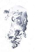 pietschpictures - Ein eindrucksvolles Portrait zeigt das Profil eines Mannes, überlagert mit Strukturen aus Natur, Schnee und Wasserfällen. Die doppelte Belichtung schafft eine poetische Verbindung zwischen Mensch und Landschaft.