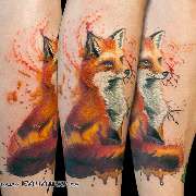 Fuchs mit Aquarell auf der Wade aus dem Rattattoo Tattoostudio in Freiburg.