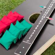 Cornhole Brett mit acht Cornhole Wurfsäckchen und Zählbrett von spass-garant.de