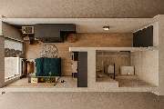 Stayurban Residence - Rendering und Draufsicht des Wohnbereichs mit Bett, Schrank, Workspace und Badezimmer im Urban Smart Studio