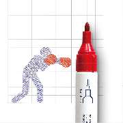 SW Kommunikation - SW Kommunikation Kreatives Bild eines roten Markers, der eine Figur mit Boxhandschuhen illustriert, dynamische und spielerische Gestaltung