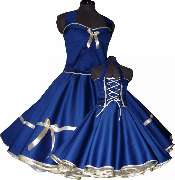 Tanzkleid der 50er - Anke Beger - Festliches Petticoatkleid aus royalblauem Baumwollsatin und cremefarbenem Band. 